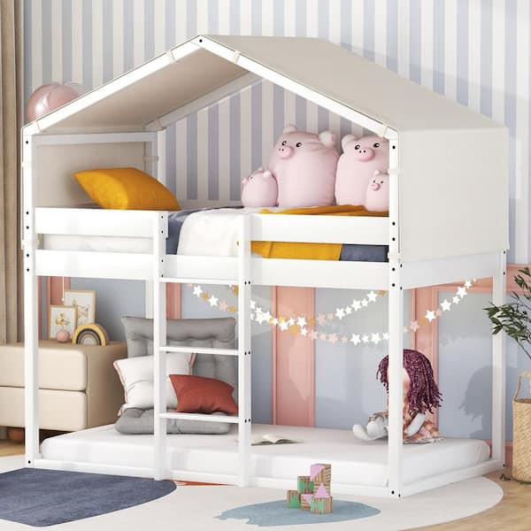 Polibi White Twin Over Twin Bunk Bed Wood Bed with Tent