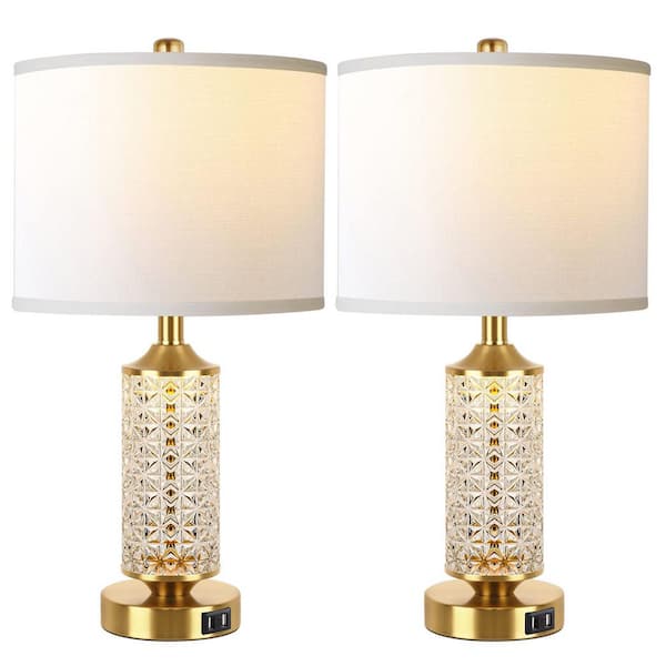 22.5'' Gold Table Lamps with USB Set of 2, Modern Glass Bedside Lamp with LED Night Light for Bedroom Living Room Office
