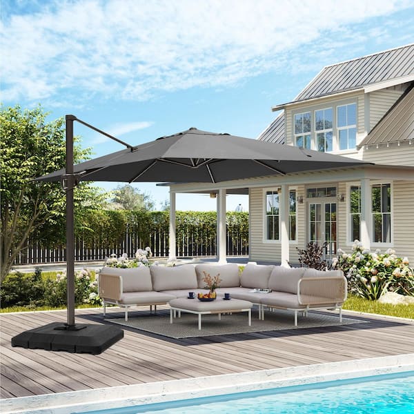 10.5 ft. Square Aluminum 360° Rotation Adjustable Tilt Outdoor Cantilever Patio Umbrella in Dark Gray with Base