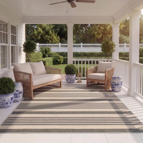 Courtyard Gray/Bone 8 ft. x 11 ft. Striped Indoor/Outdoor Patio Area Rug