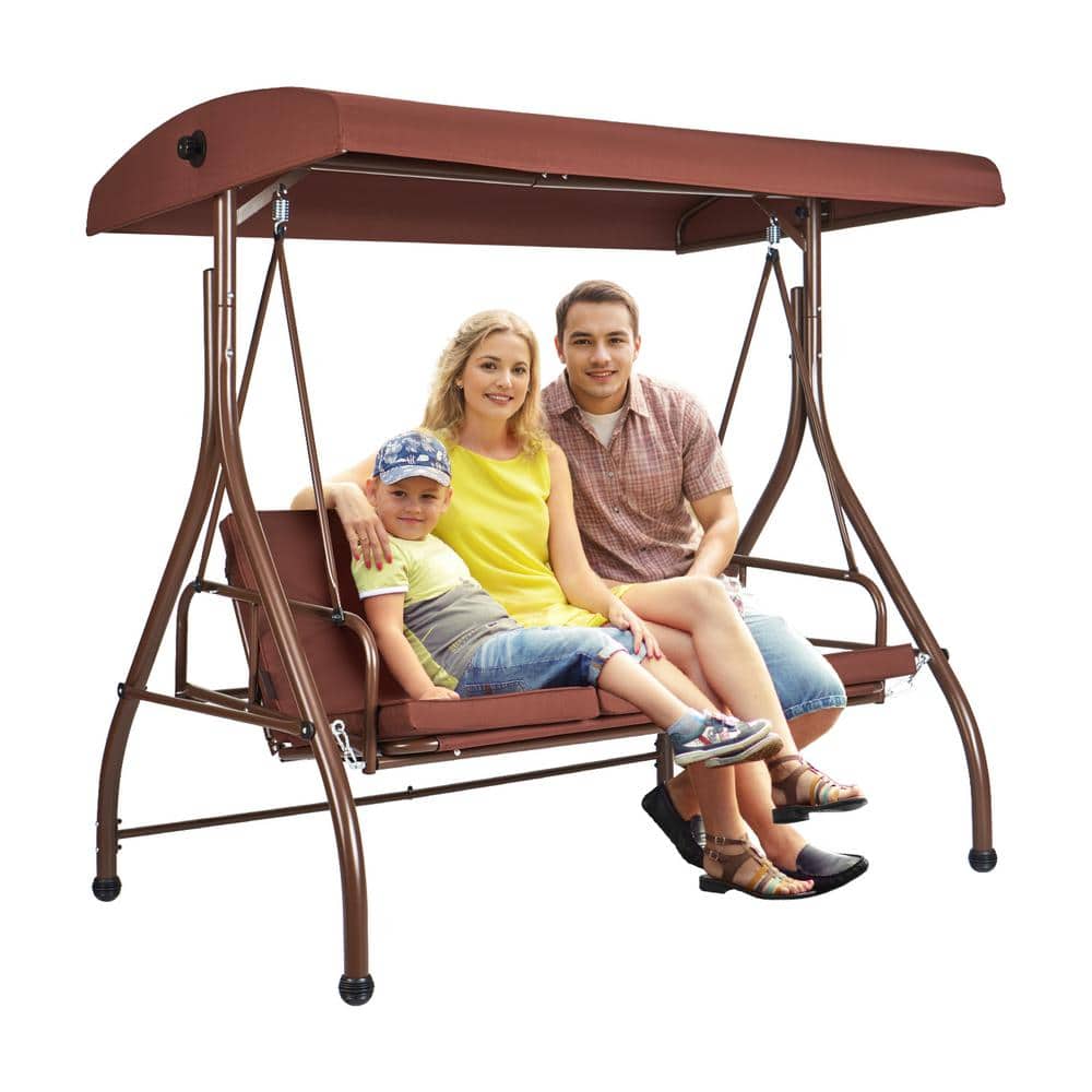 Brown Alloy Steel 3-Seat Patio Swing Chair with Adjustable Canopy