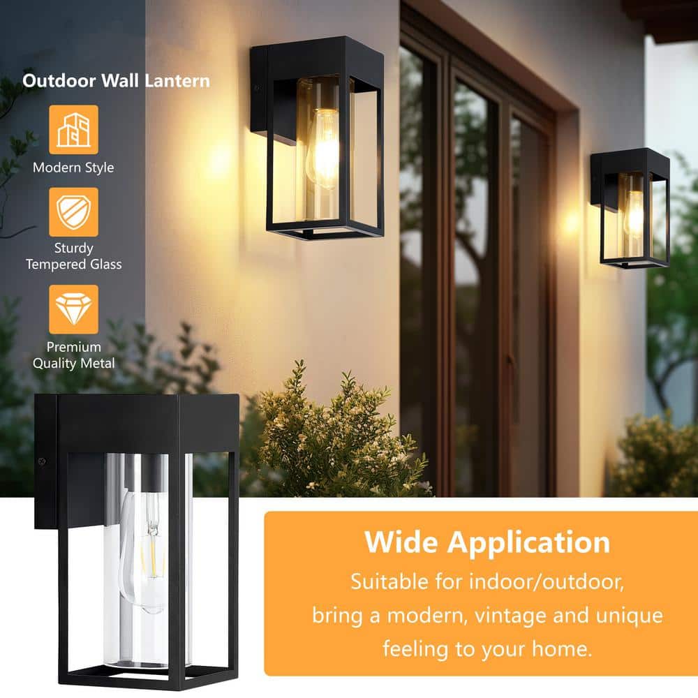 9-Inch Black Modern Outdoor Wall Lantern Sconce with Clear Glass, 2-Pack