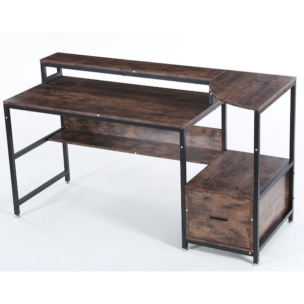 WAY TO ORIGIN Roger 63 in. Rectangular Black Metal Brown Particle Board 1 File Drawer Computer Desk Monitor Stand Bookshelf HD-CJ153 - The Home