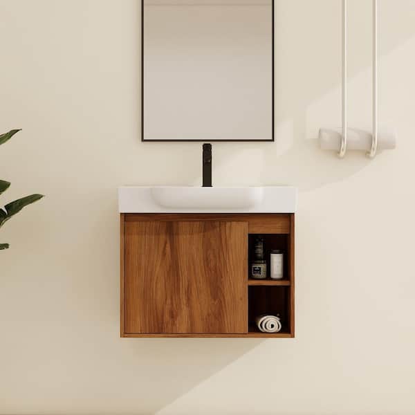 ARTCHIRLY 27.2 in. W x 14.8 in. D x 22.8 in. H Wall-Mounted Bath Vanity in Brown Ebony with White Ceramic Vanity Top