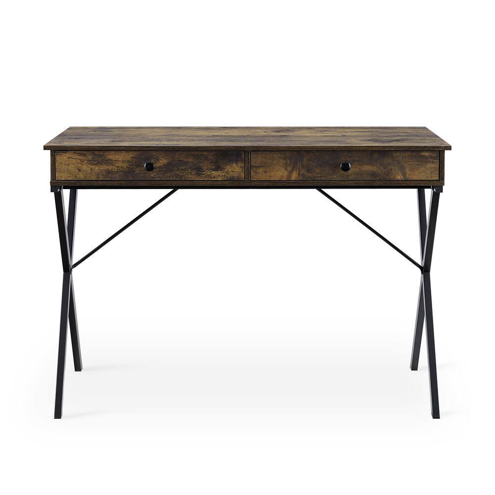 43.2 in. Rustic Brown 2-Drawers Writing Desk with Black Stoving Varnish Ste