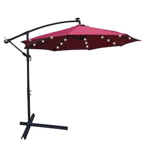 10 ft. Outdoor Patio Cantilever Umbrella Solar Powered LED Lighted with Crank in Burgundy