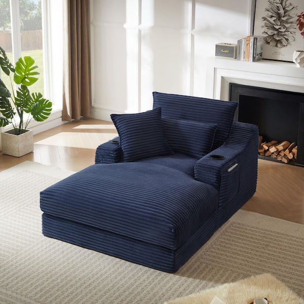 Compression Blue Cotton Twin Size Sofa Bed, Lounge Chair with Double-Layer Cushion, Cup Holders and Side Pockets