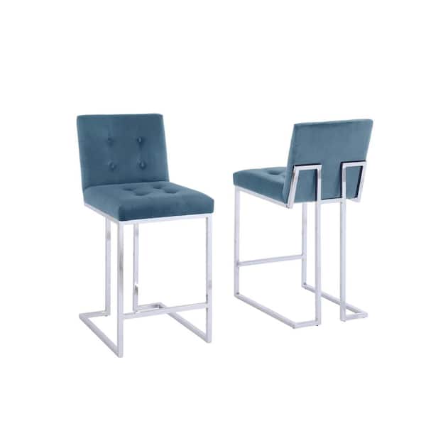 Best Quality Furniture Amy 37 in. H Teal Blue Low Back Counter Height Chair with Silver Chrome Base and Velvet Fabric (Set of 2)