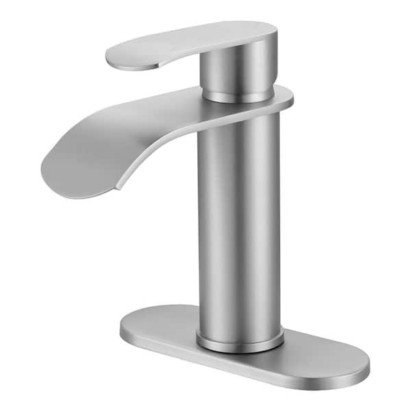 WOWOW Waterfall Single Handle Single Hole Bathroom Faucet with Deckplate and Pop Up Drain in Brushed Nickel