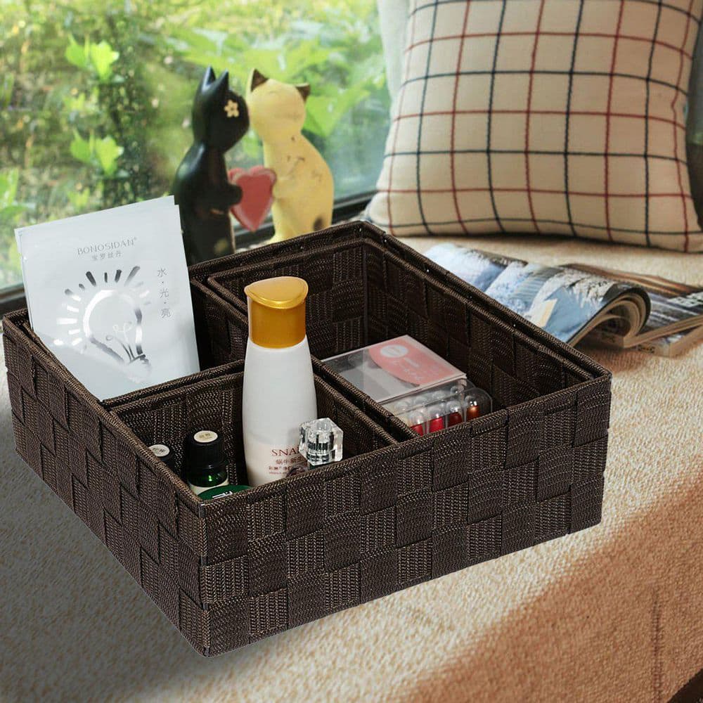 Brown 11 in. x 3.9 in. Polypropylene (PP) Weaving Decorative Basket, The Ideal Choice for Home Organization, 4-Piece Set
