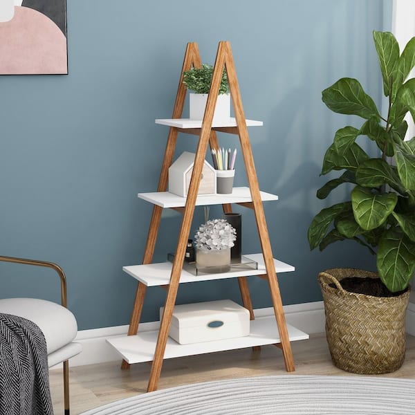 Solid bamboo wood oxford A frame ladder display bookshelf in White