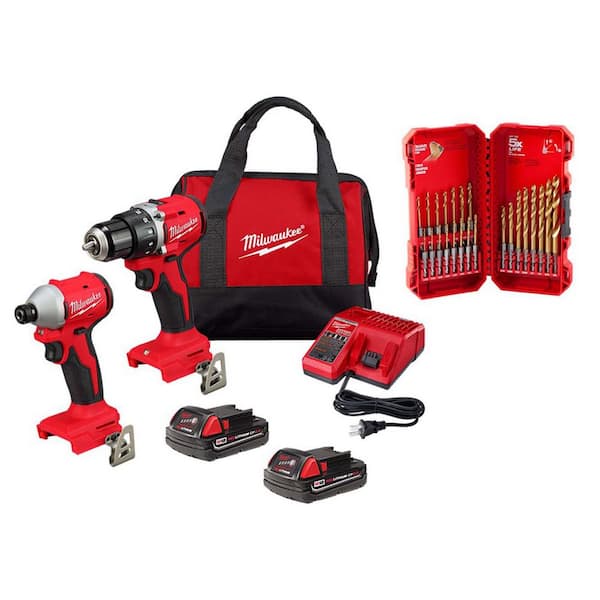 M18 18V Lith-Ion Brushless Cordless Drill/Impact Combo Kit (2-Tool) w/ (2) 2.0 Ah Battery, Charger, & Drill Bit Set