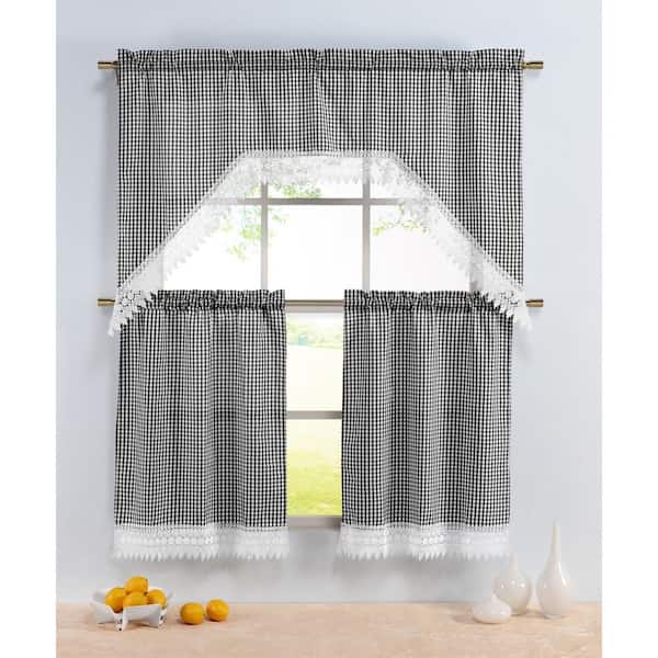Window Elements Semi-Opaque Checkered Black Embroidered 3-Piece Kitchen Curtain Tier and Valance Set
