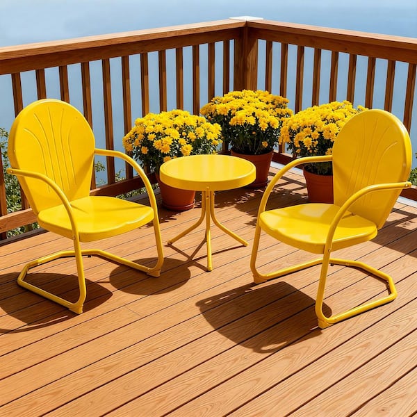 Yellow 3-Piece Wrought Iron Bistro Set-Vintage Outdoor Patio Table and 2 Chairs