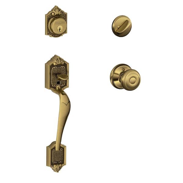 Schlage Parthenon Antique Brass Single Cylinder Deadbolt with Georgian Knob Door Handleset