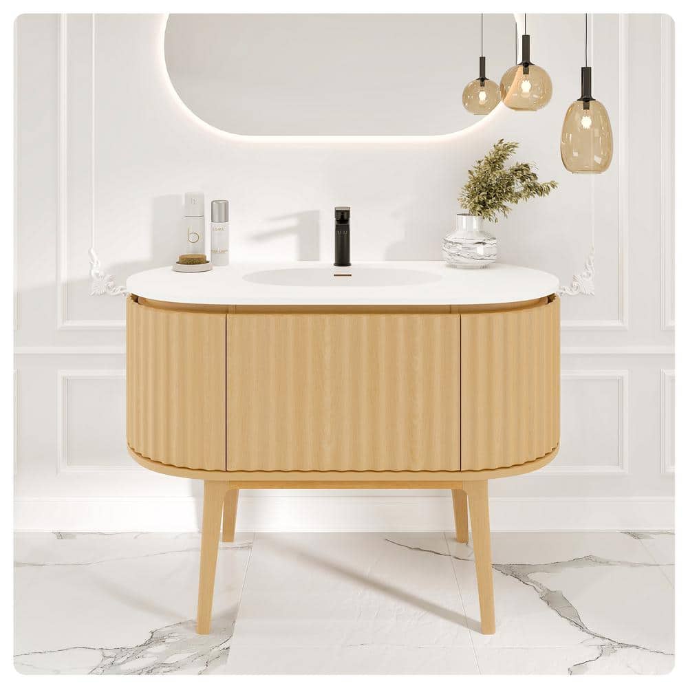 Natural Oak Freestanding Bathroom Vanity with White Solid Surface Top