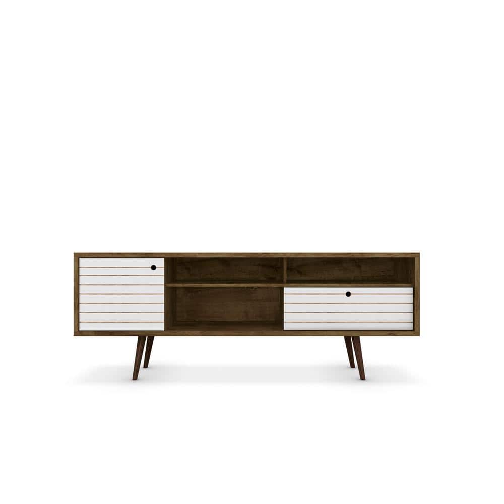 Rustic Brown and White Solid Wood 71" TV Stand with Cabinet