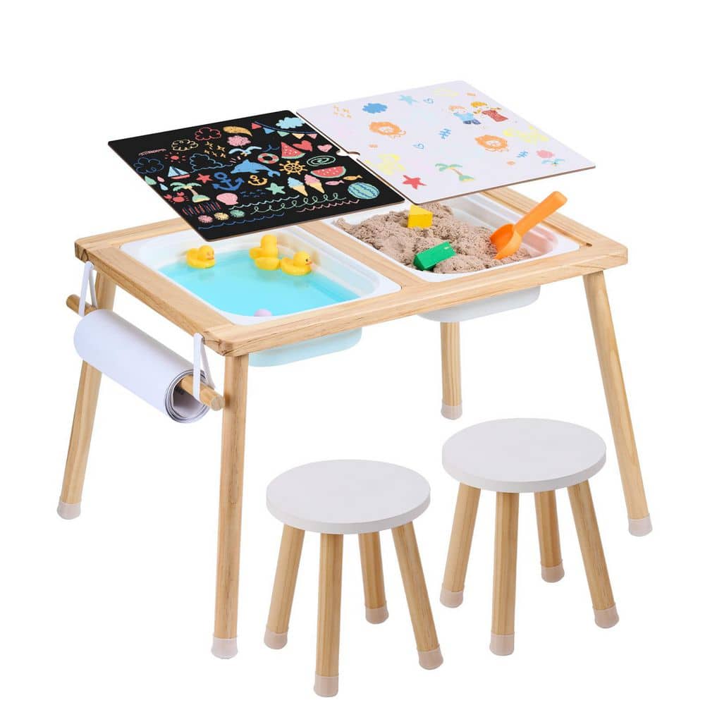 Darli 3-Piece Wood Top Kids Sensory Activity Table and Stool Set with Storage Bins and Paper Roll Holder, Natural+White