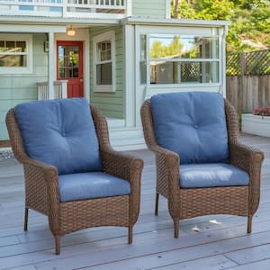 Patio Brown Wicker Outdoor Lounge Chair with Blue Cushions and Chrysanthemum Armrest (2-Pack)