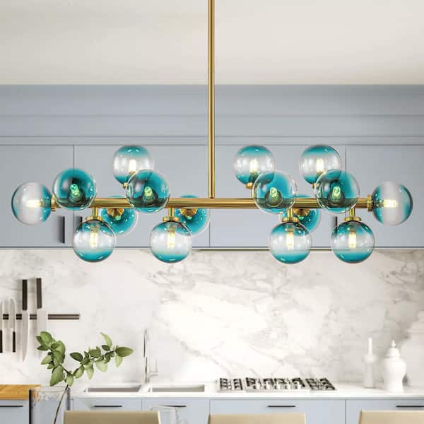 Rennnsan Kaitlyn 16-Light Brushed Gold Modern Linear Cluster Gradient Blue Glass Globe Bubble Chandelier