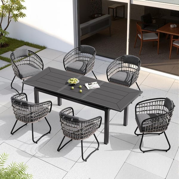 7-Piece Aluminum Wood-Like Rectangular Expandable Outdoor Dining Set with Faux Rattan Wicker Gray Cushion Chairs