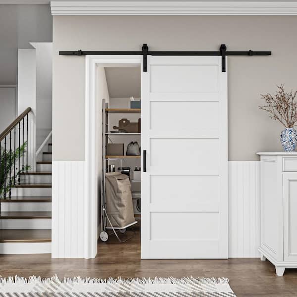 36 in. x 84 in. Paneled 5-Lites White MDF with PVC Finished Sliding Barn Door Slab with Hardware Kit and Soft Close