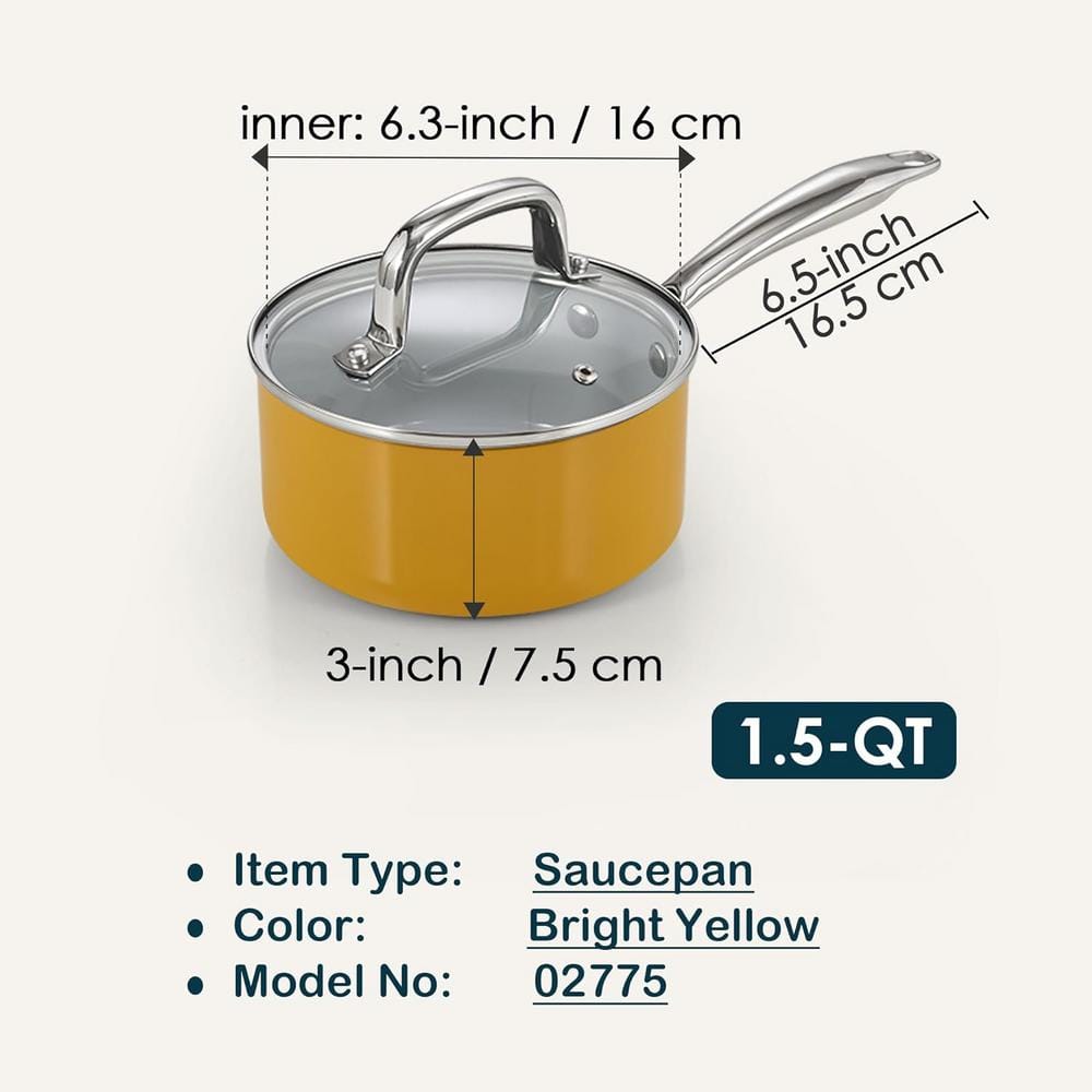 1.5-Quart Yellow Aluminum Non-Stick Saucepan with Glass Lid