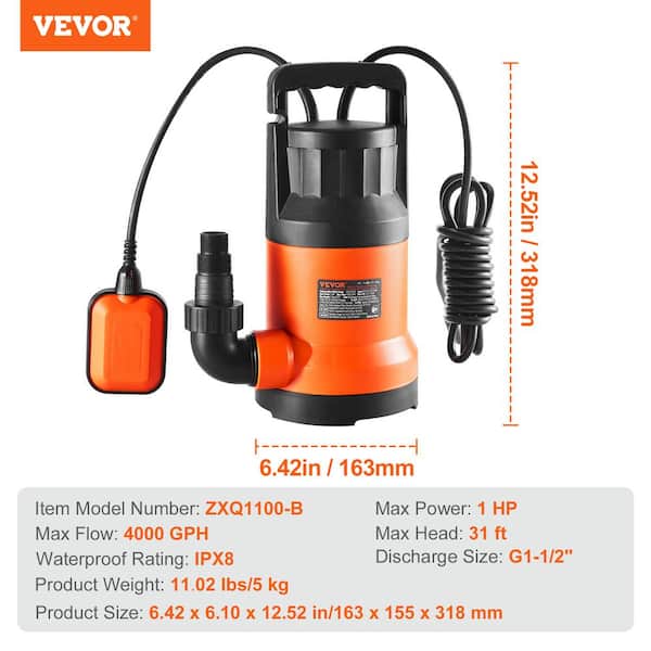 VEVOR 1 HP Thermoplastic Utility Pump 4000GPH Sump Pump