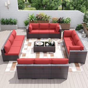 14-Piece Wicker Outdoor Sectional Set with Cushion Red