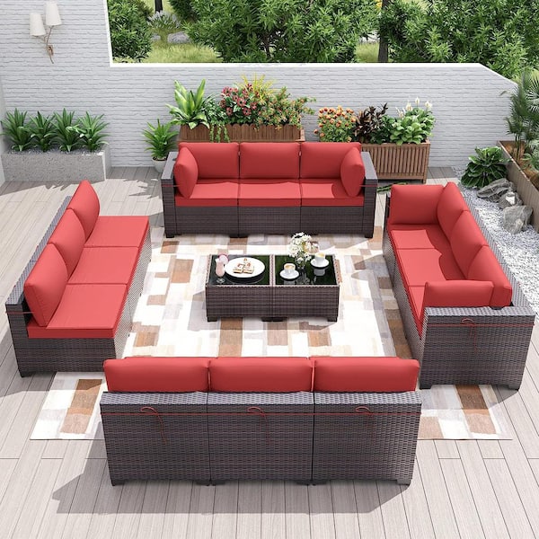 Halmuz 14-Piece Wicker Outdoor Sectional Set with Cushion Red
