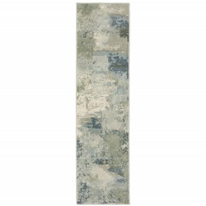 Blue Green Grey and Ivory Abstract 2 ft. x 8 ft. Power Loom Stain Resistant Runner Rug