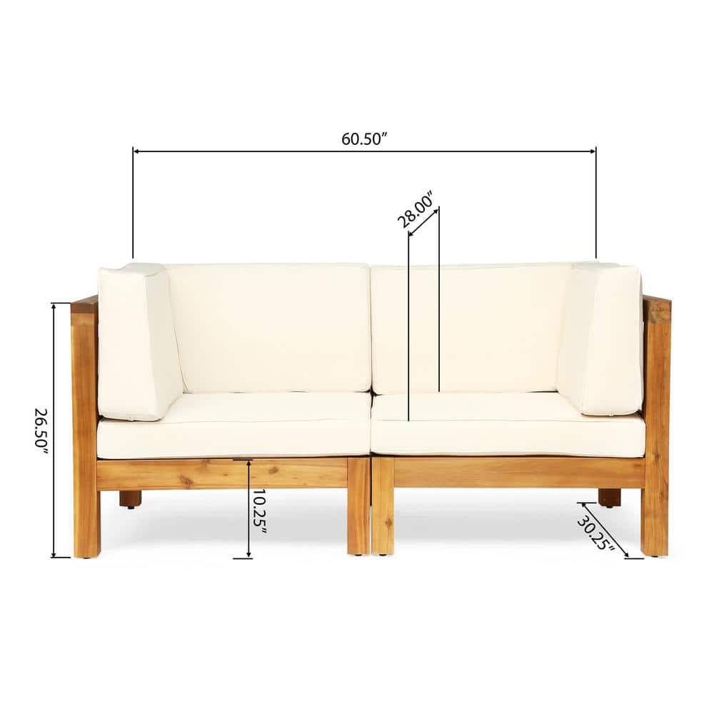 Teak Brown Two-Seater Wood Sectional with Beige Cushions