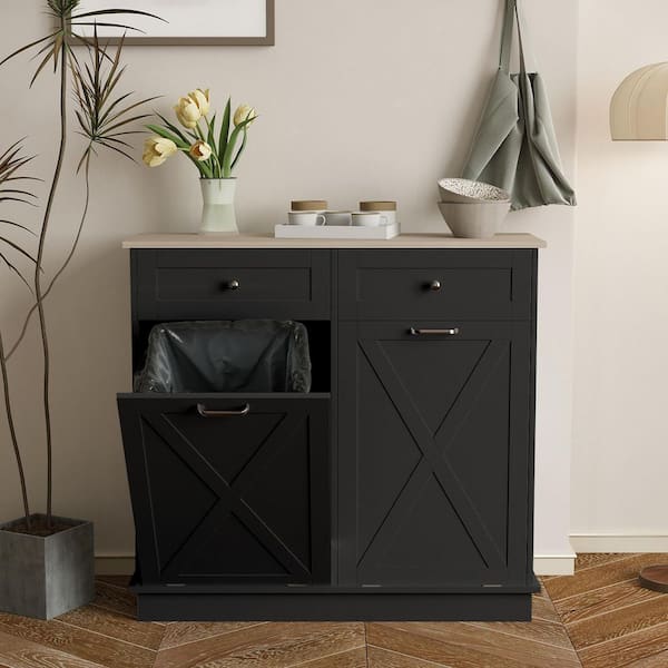 39.4 in. W x 11.8 in. D x 35.4 in. H in Black MDF Assemble Kitchen Cabinet with Drawer Recycling Trash Cabinet
