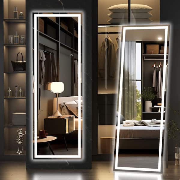 Vosuja Black 15.8 in. W x 56 in. H Rectangle Full Length Mirror with LED Lights Floor Standing, Hanging Mounted Mirror