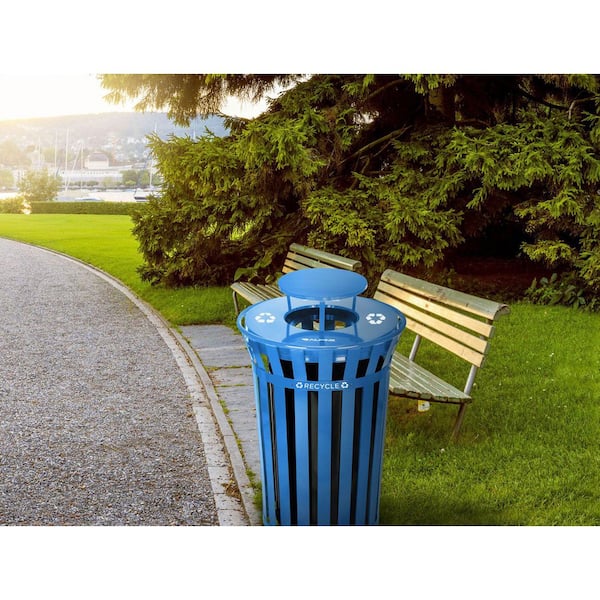 38 Gal. Blue Outdoor Metal Slatted Commercial Recycling Bin Receptacle with Rain Bonnet Lid (2-Pack)