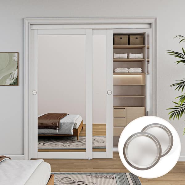 72 in. x 80 in. 1 Lite Mirror Glass White Finished MDF Interior Closet Sliding Door with Hardware and Handles