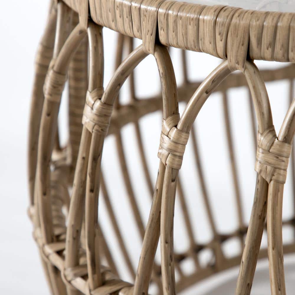 Natural Boho Rattan Round Coffee Table with Glass Top