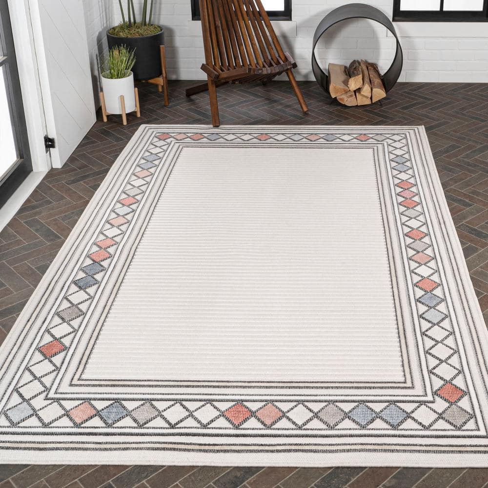 Ivory and Beige Geometric Synthetic 3' x 5' Indoor/Outdoor Rug