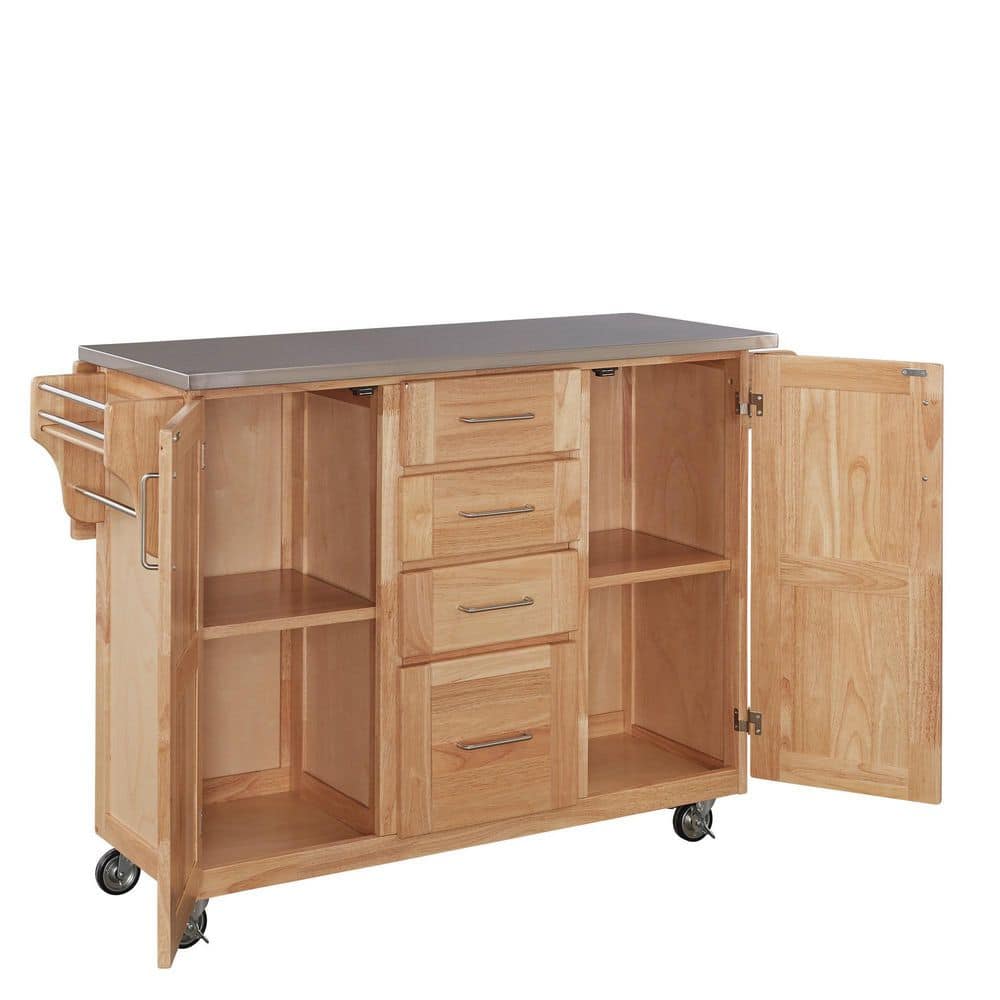 Natural Wood Kitchen Cart with Stainless Steel Top and Drop Leaf