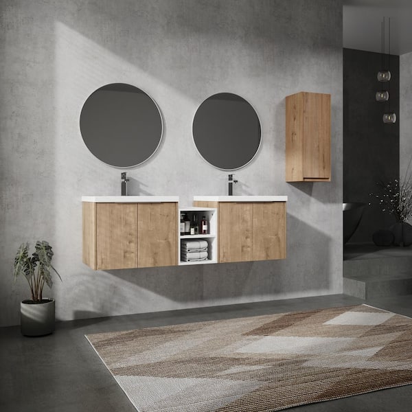 Bohemia 60 in. W x 18.1 in. D x 19.3 in. H Floating in Imitative Oak Bath Vanity with White Resin Top Vanity
