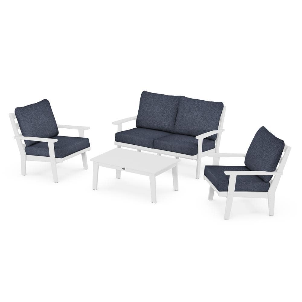 POLYWOOD Grant Park White 4-Piece Plastic Deep Seating Conversation Patio Set with Stone Blue Cushions -  PWS4592WH145994