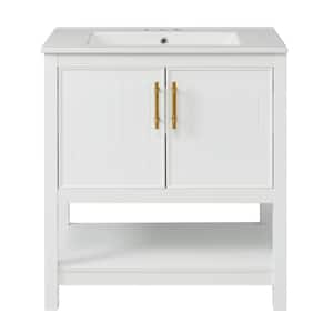 30 in. W Single Sink Freestanding Bath Vanity in White with White Ceramic Top, Open Shelf and 2 Doors