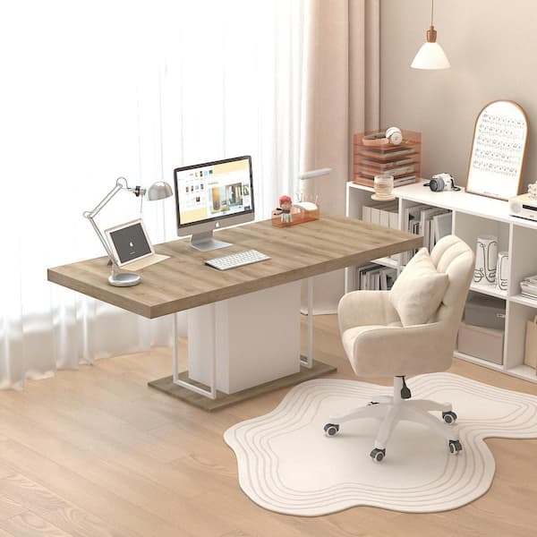 Caldren Modern White and Oak Finish Wood Column Pedestal Rectangle Dining Table with Extendable 6/8/10 Seats