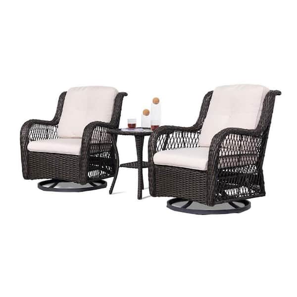 Sudzendf 3-Piece Wicker Outdoor Bistro Set with 2 Swivel Chairs Beige Cushioned and 1 Glasstop Side Table