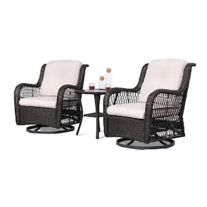 3-Piece Wicker Outdoor Bistro Set with 2 Swivel Chairs Beige Cushioned and 1 Glasstop Side Table