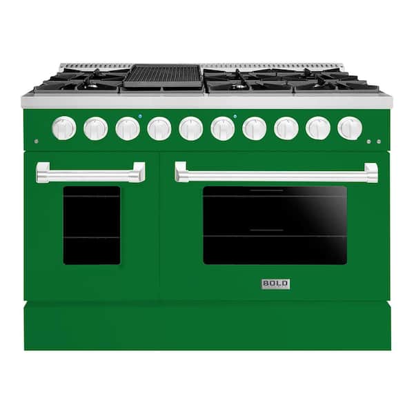 Hallman BOLD 48 IN, 8 Burner Freestanding Double Oven Gas Range with LP Gas Stove and Gas Oven in. Green Family
