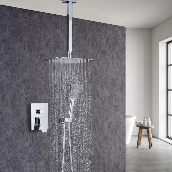 Single-Handle 1-Spray Ceiling 12 in.Shower Head Square High Pressure Shower Faucet in Chrome (Valve Included)