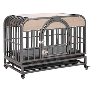 37 in. Heavy-Duty Dog Crate, Furniture Style Dog Crate with Removable Trays and Wheels, Grey