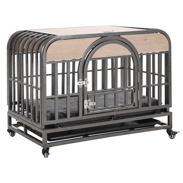 Tatayosi 37 in. Heavy-Duty Dog Crate, Furniture Style Dog Crate with Removable Trays and Wheels, Grey