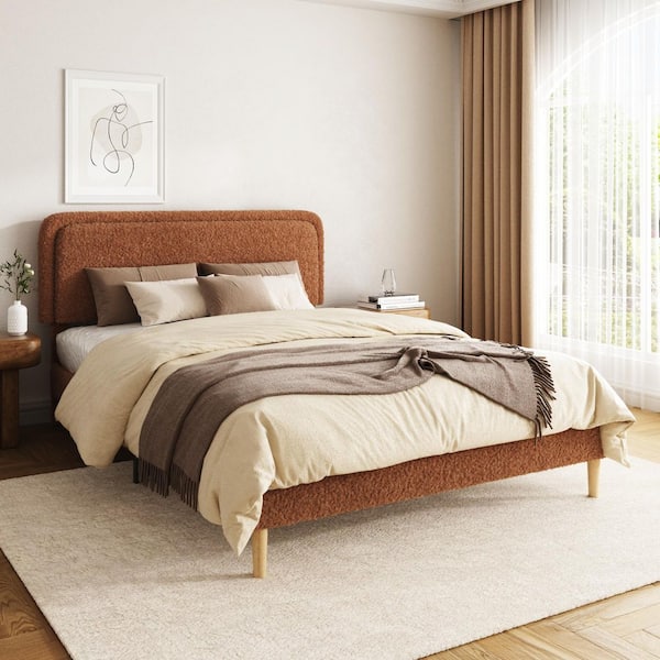 Brown Wood and Metal Frame Queen Size Upholstered Platform Bed with Height Adjustable Headboard